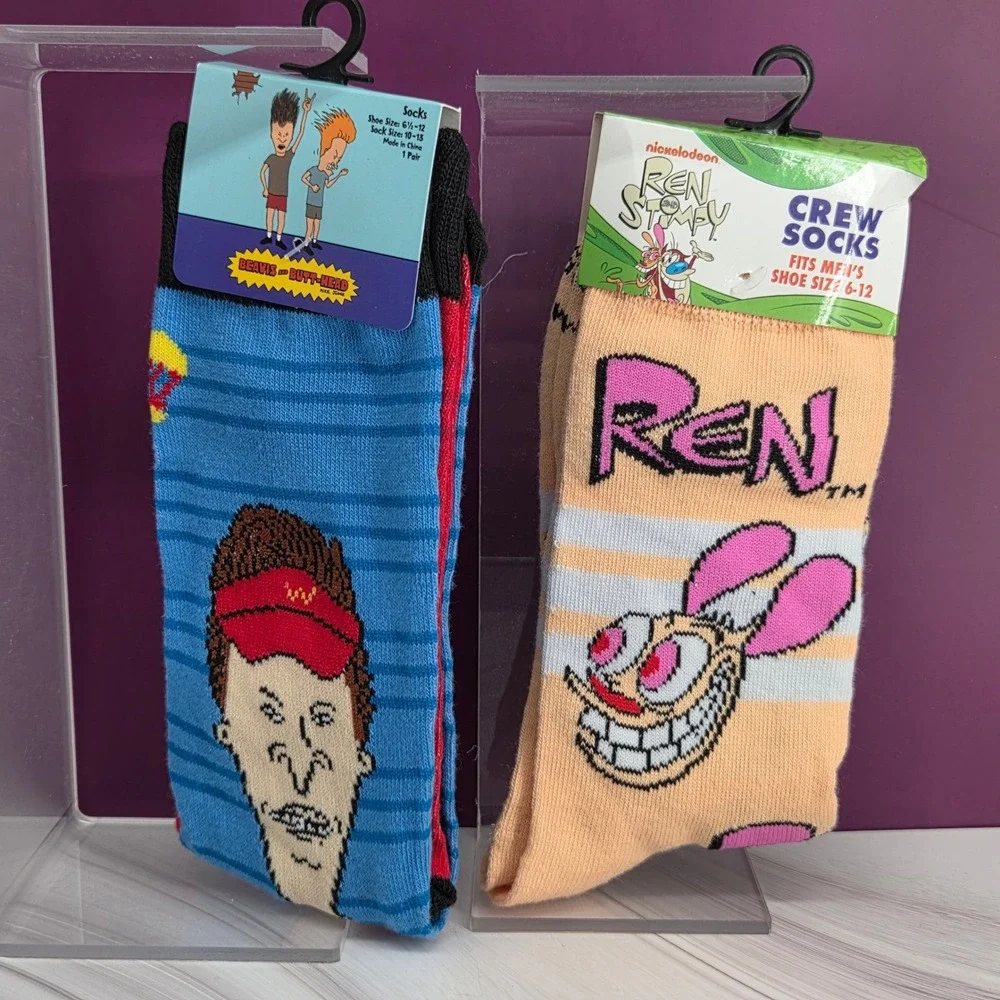 Nickelodeon MTV Crew Socks Mens 6-12 Beavis Butt-Head Ren Stimpy 90s Cartoon 2pk